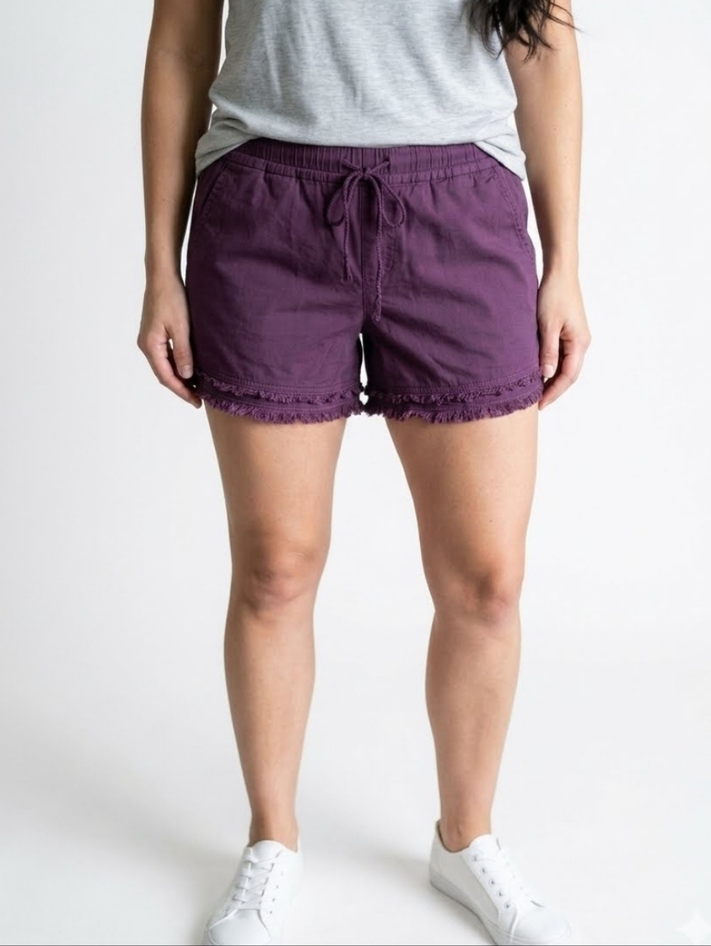 LOFT Women's Everyday Drawstring Cotton Fringe Hem Shorts - Purple M